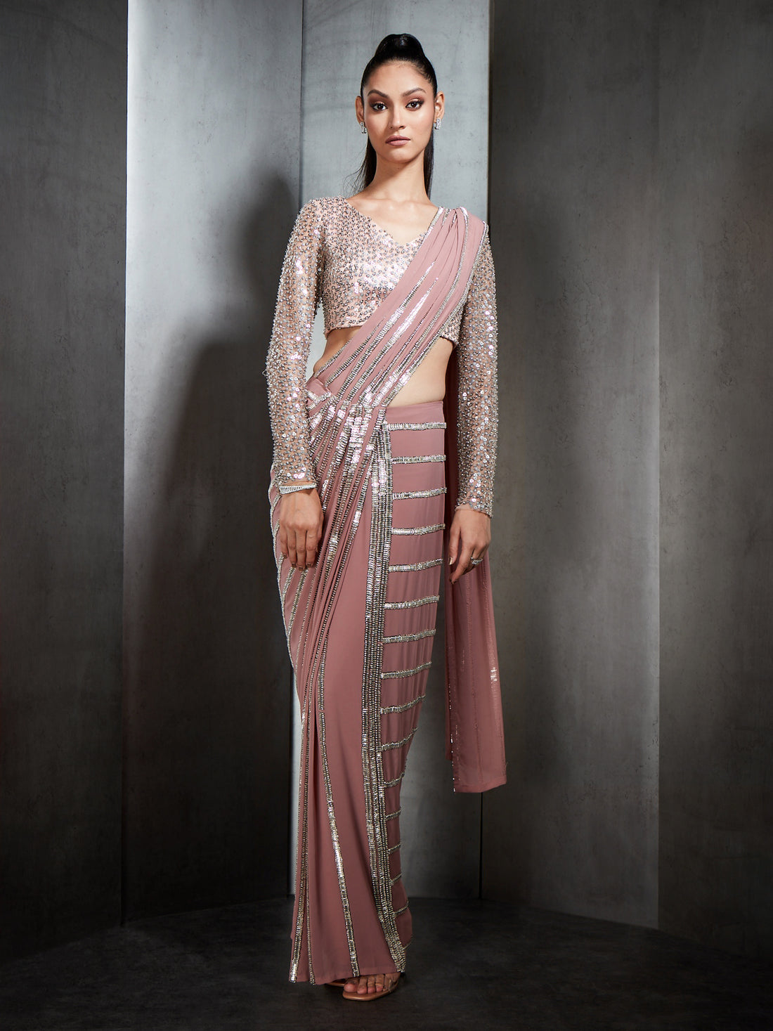 Draped Saree In Nylon Tulle Base With Linear Metallic Bead