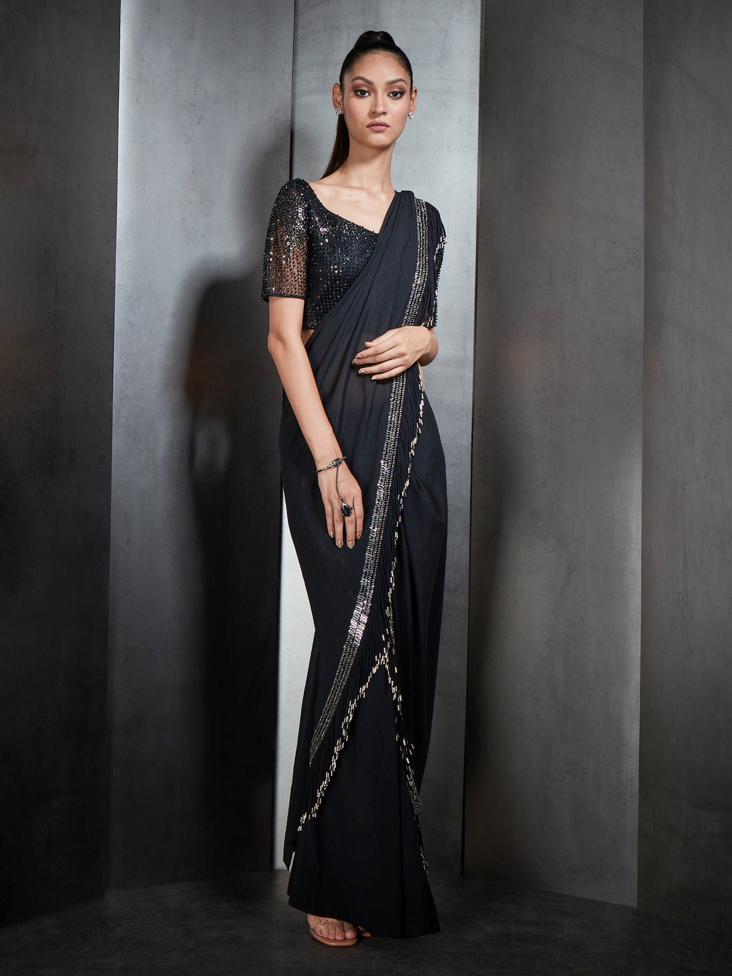 Black Tassel Saree With Metallic Embellishments