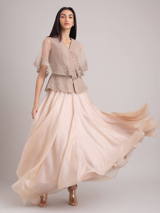 Frosty Pink Embroidered Peplum Top With Skirt