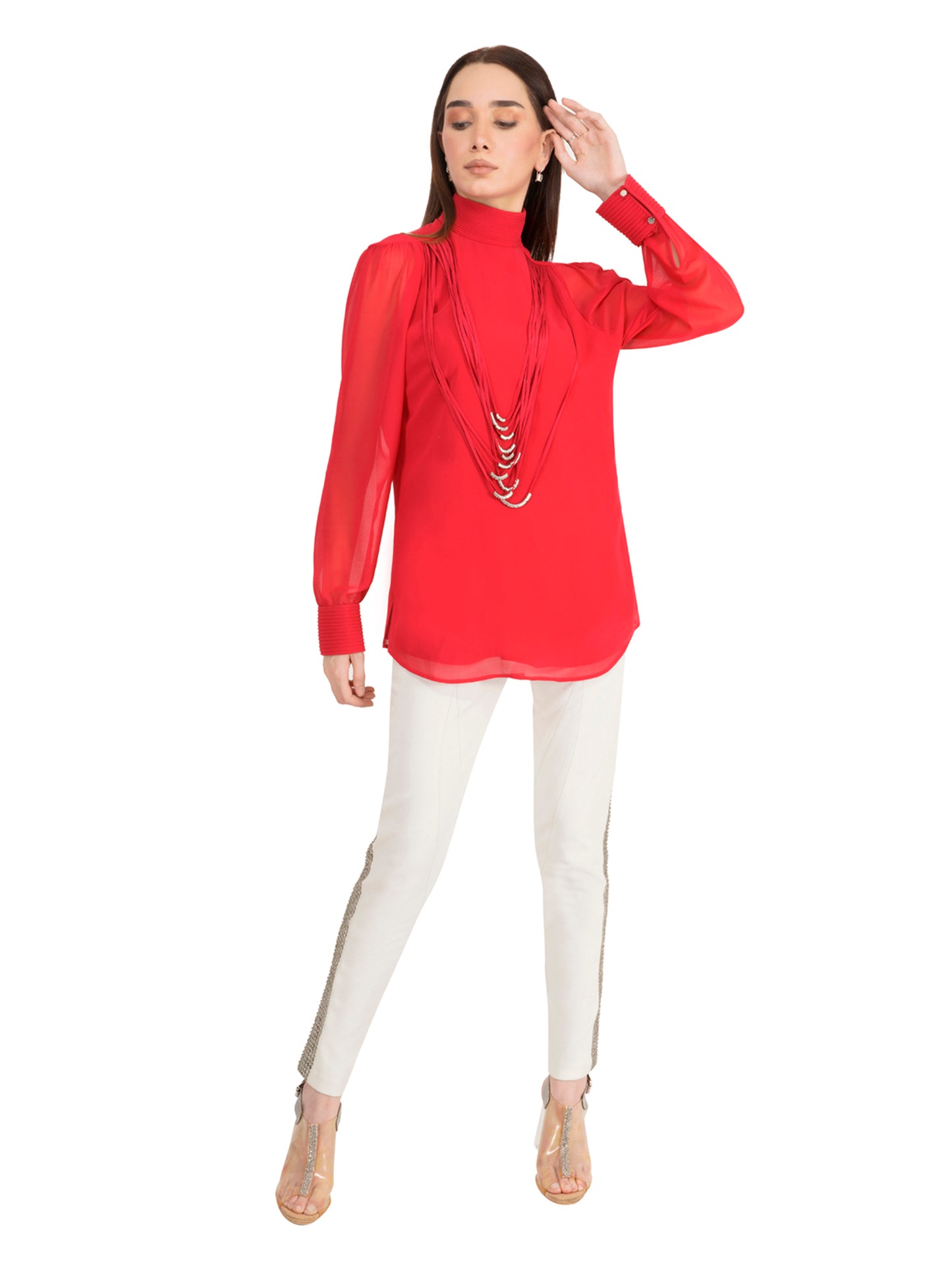 Aster Pink Mock Neck Blouse With Necklace Detail