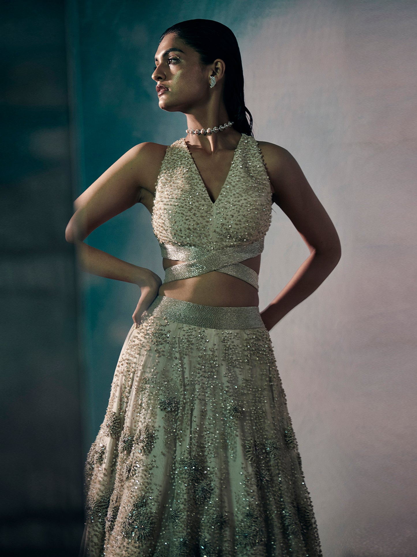 The Begonia Lehenga Set With Embrodiered Tulle Dupatta