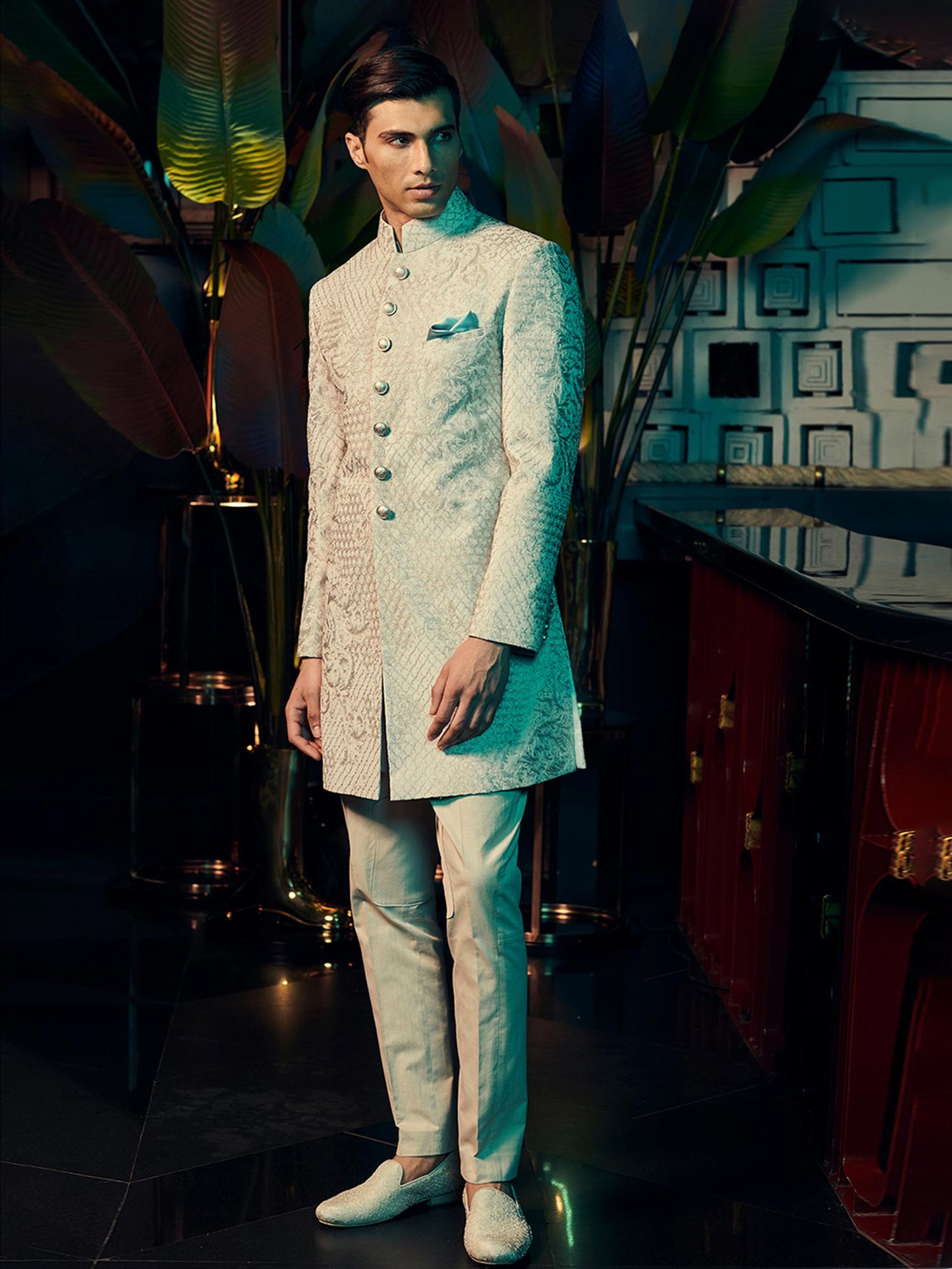 Silk Sherwani With Fan Pattern Layered Embroidery