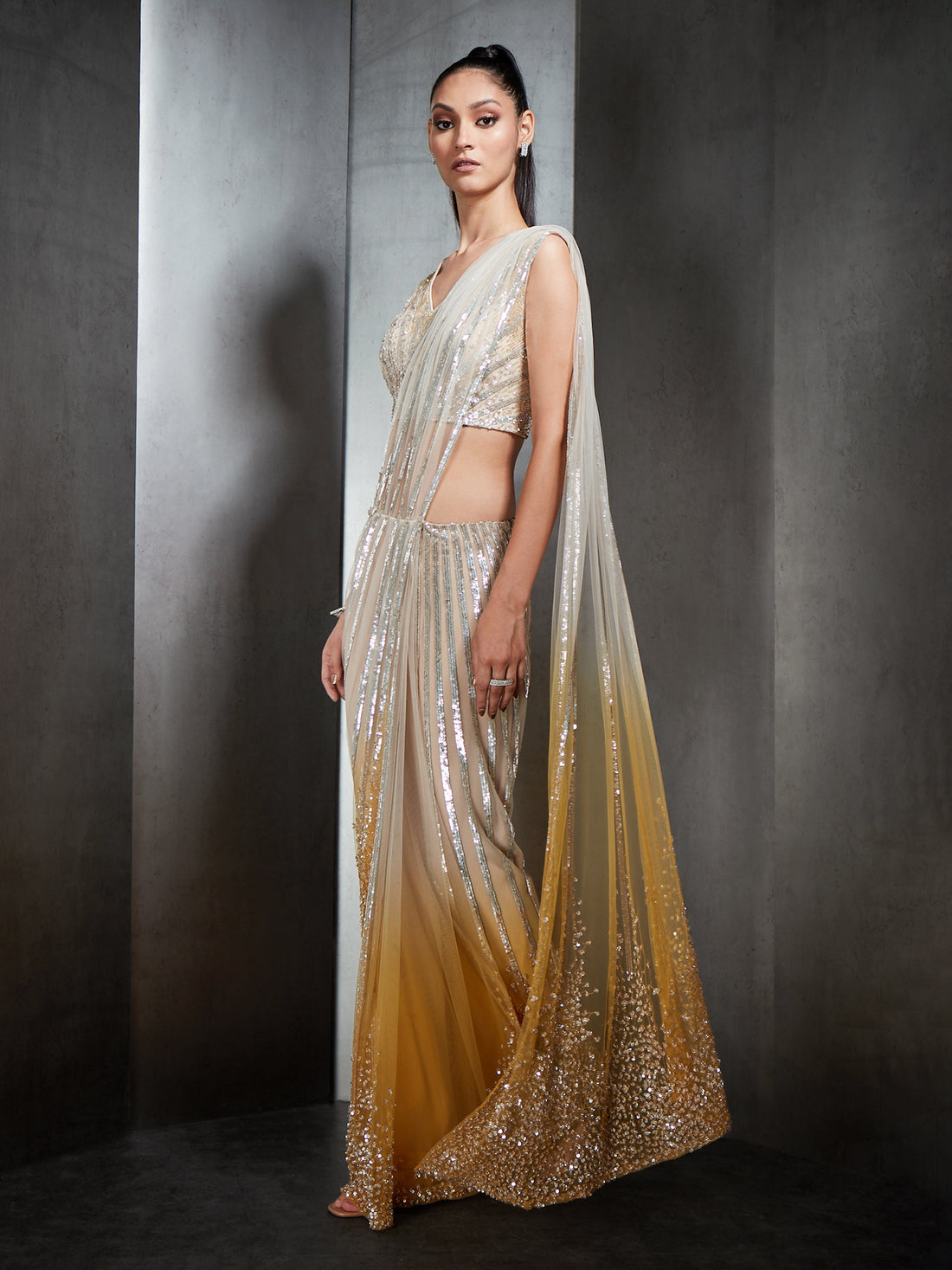 Ombre Stripe Embroidery Saree
