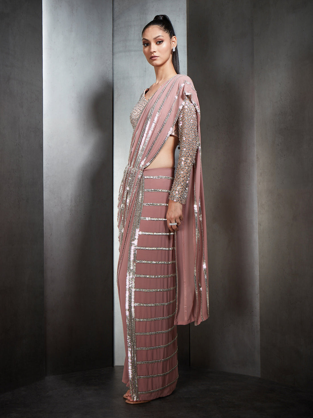 Draped Saree In Nylon Tulle Base With Linear Metallic Bead