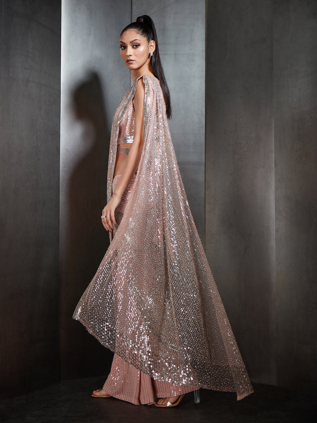 Pre Stich Sequin Crystal Beaded With Fringe Saree