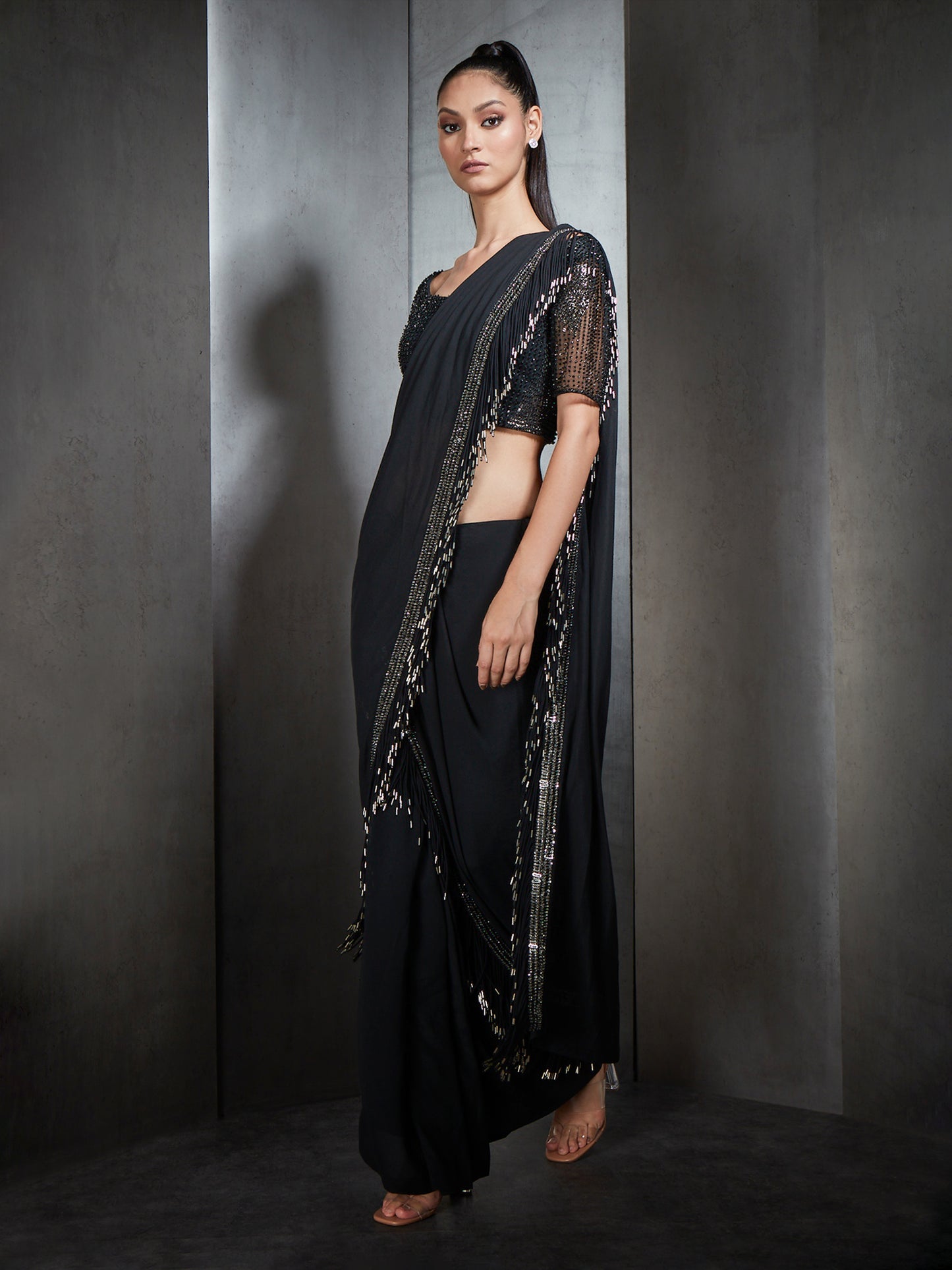 Black Tassel Saree With Metallic Embellishments