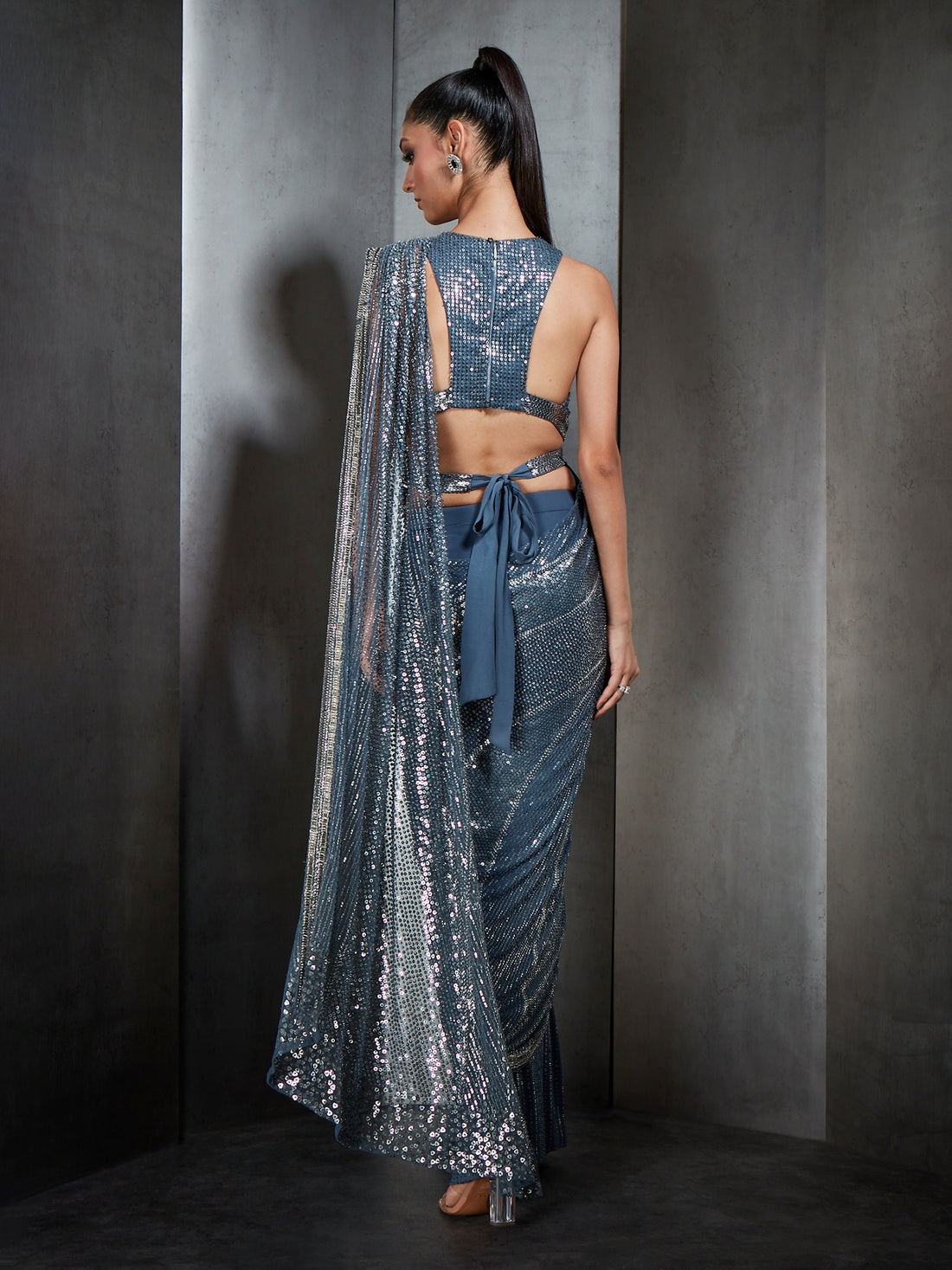 Pre Stich Sequin Crystal Beaded With Fringe Saree