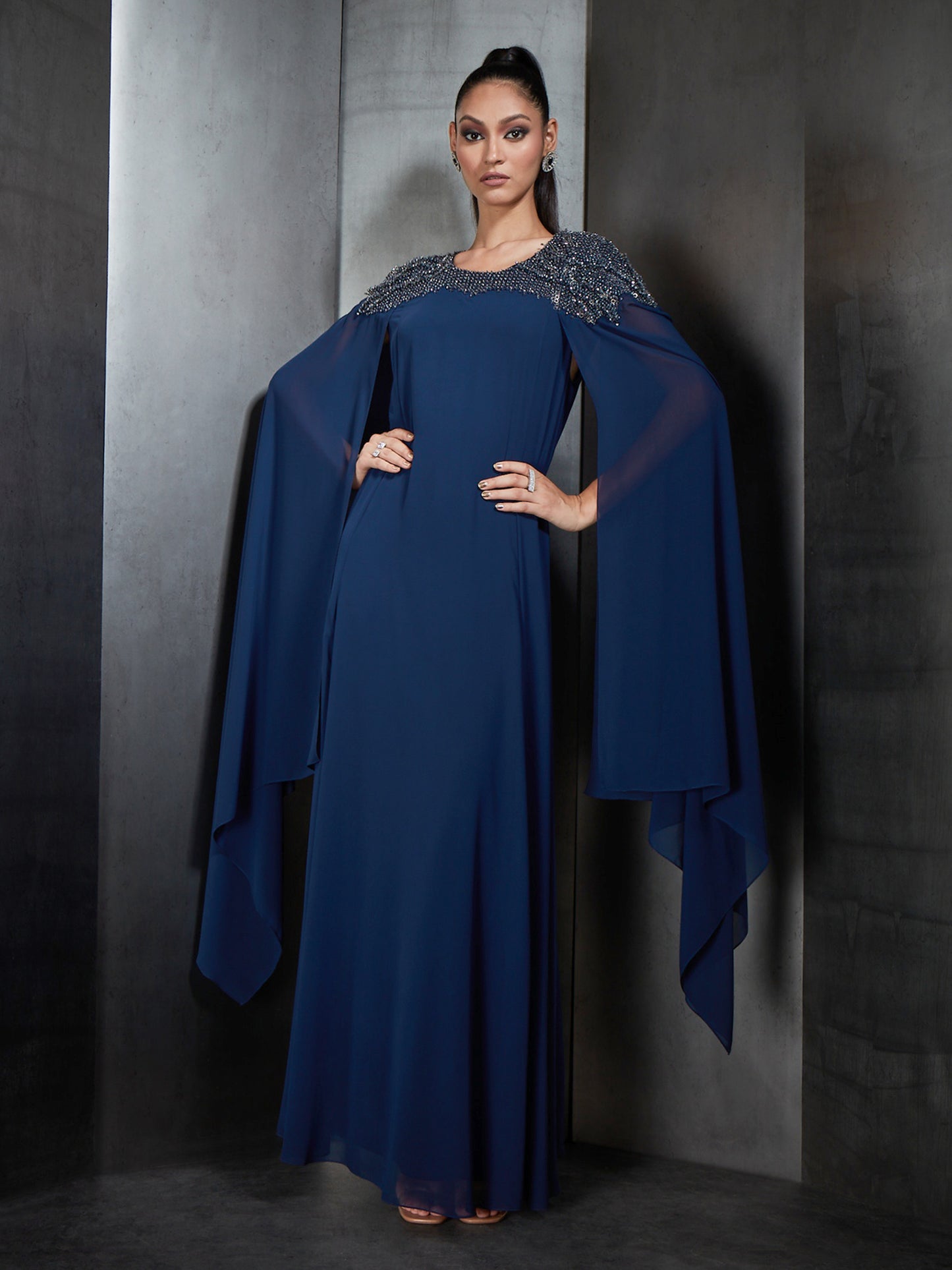 Galaxy Blue Embroidered Long Dress With Cape Sleeves