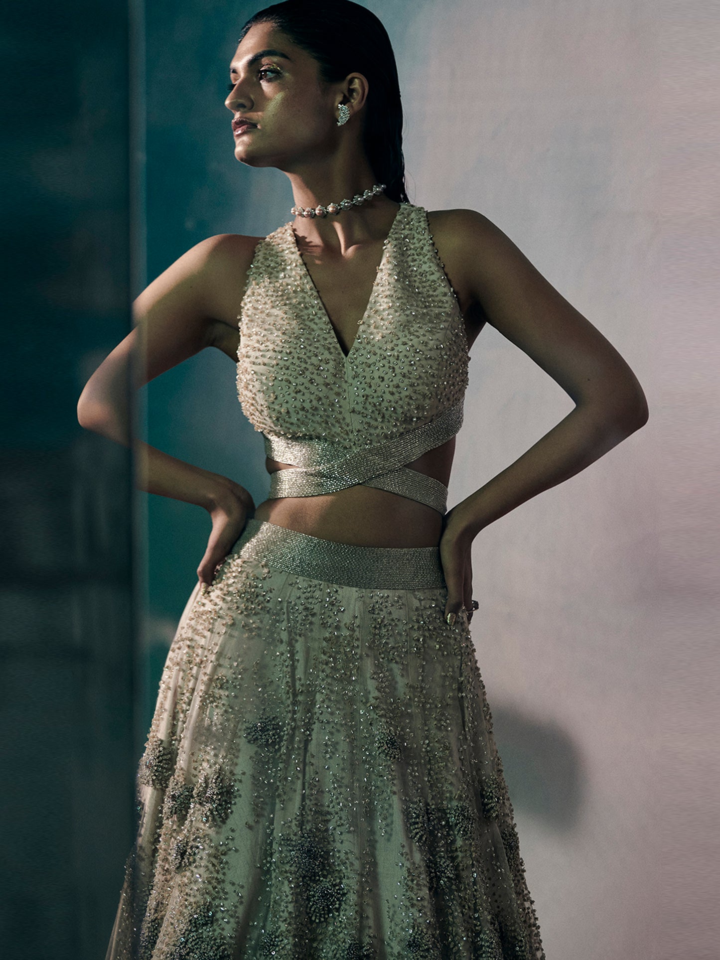 The Begonia Lehenga Set With Embrodiered Tulle Dupatta