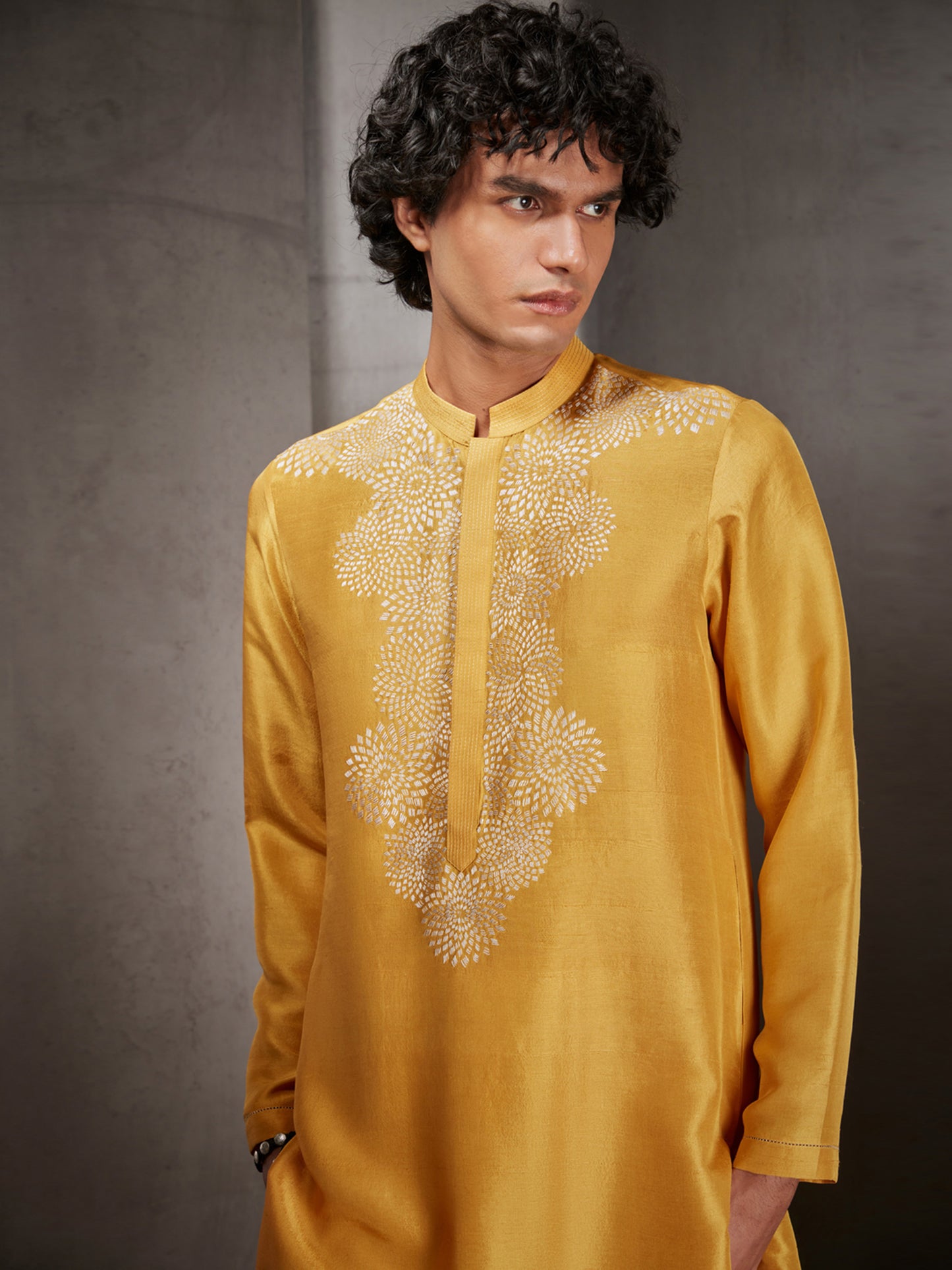 Yellow Long Kurta With A Hand Embroidered Yoke