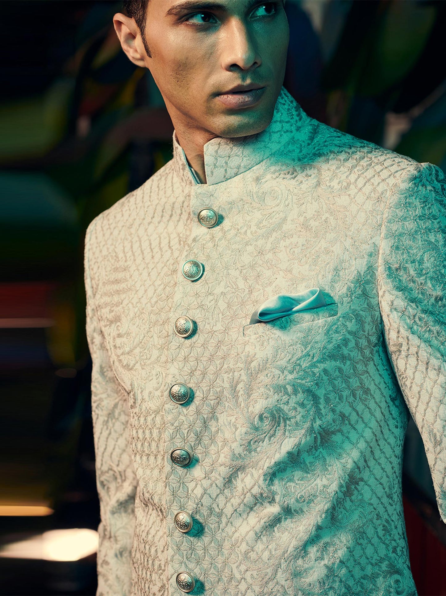 Silk Sherwani With Fan Pattern Layered Embroidery Set