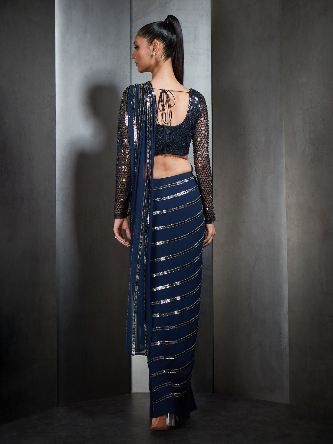 Draped Saree In Nylon Tulle Base With Linear Metallic Bead
