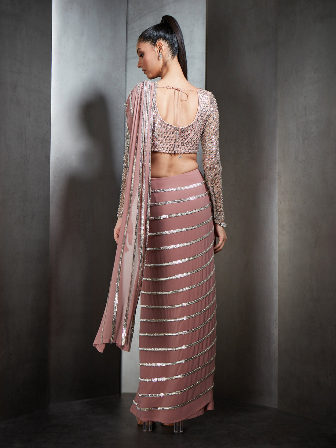 Draped Saree In Nylon Tulle Base With Linear Metallic Bead