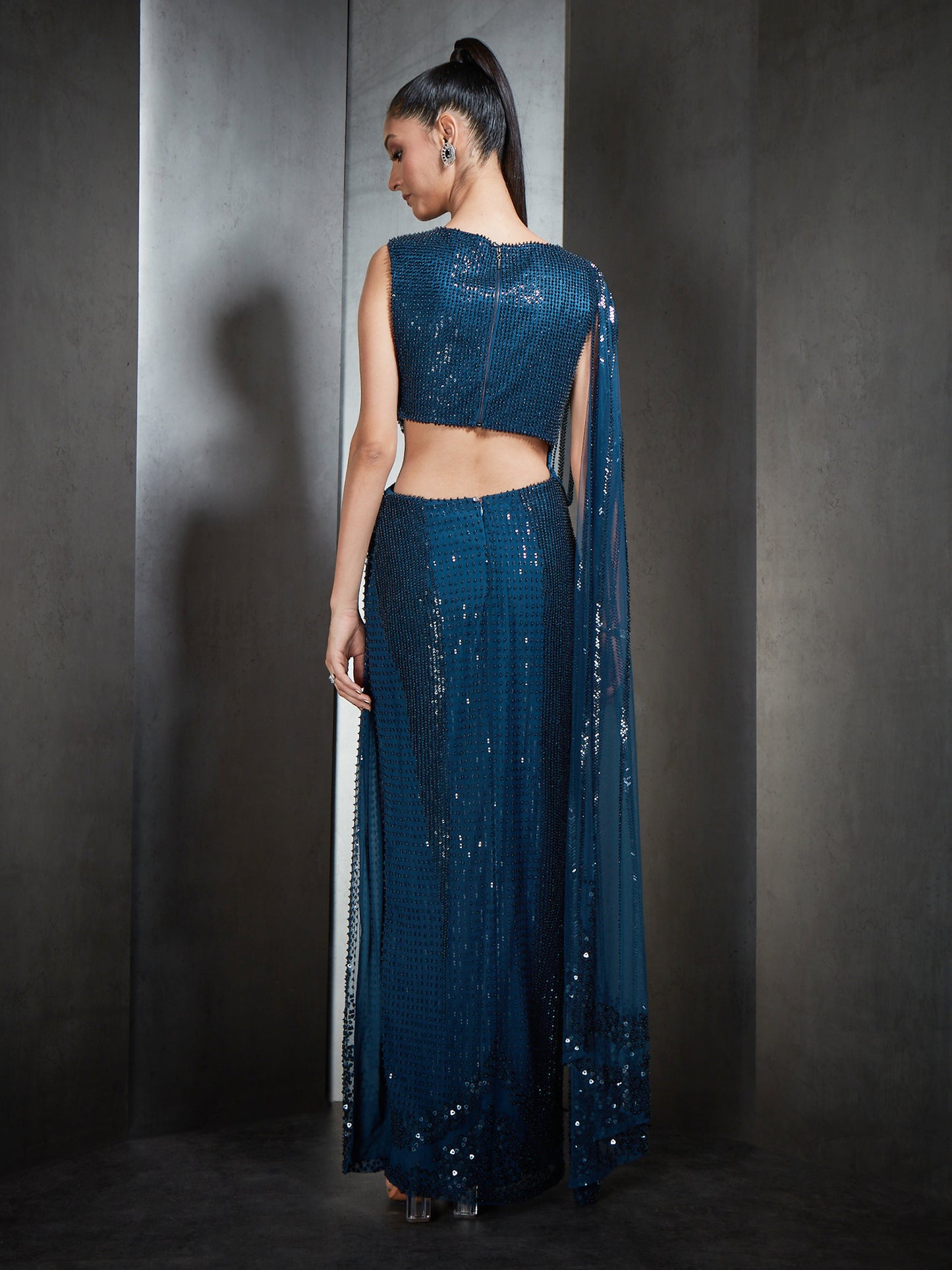 Heavily Embellished Draped Tulle Saree