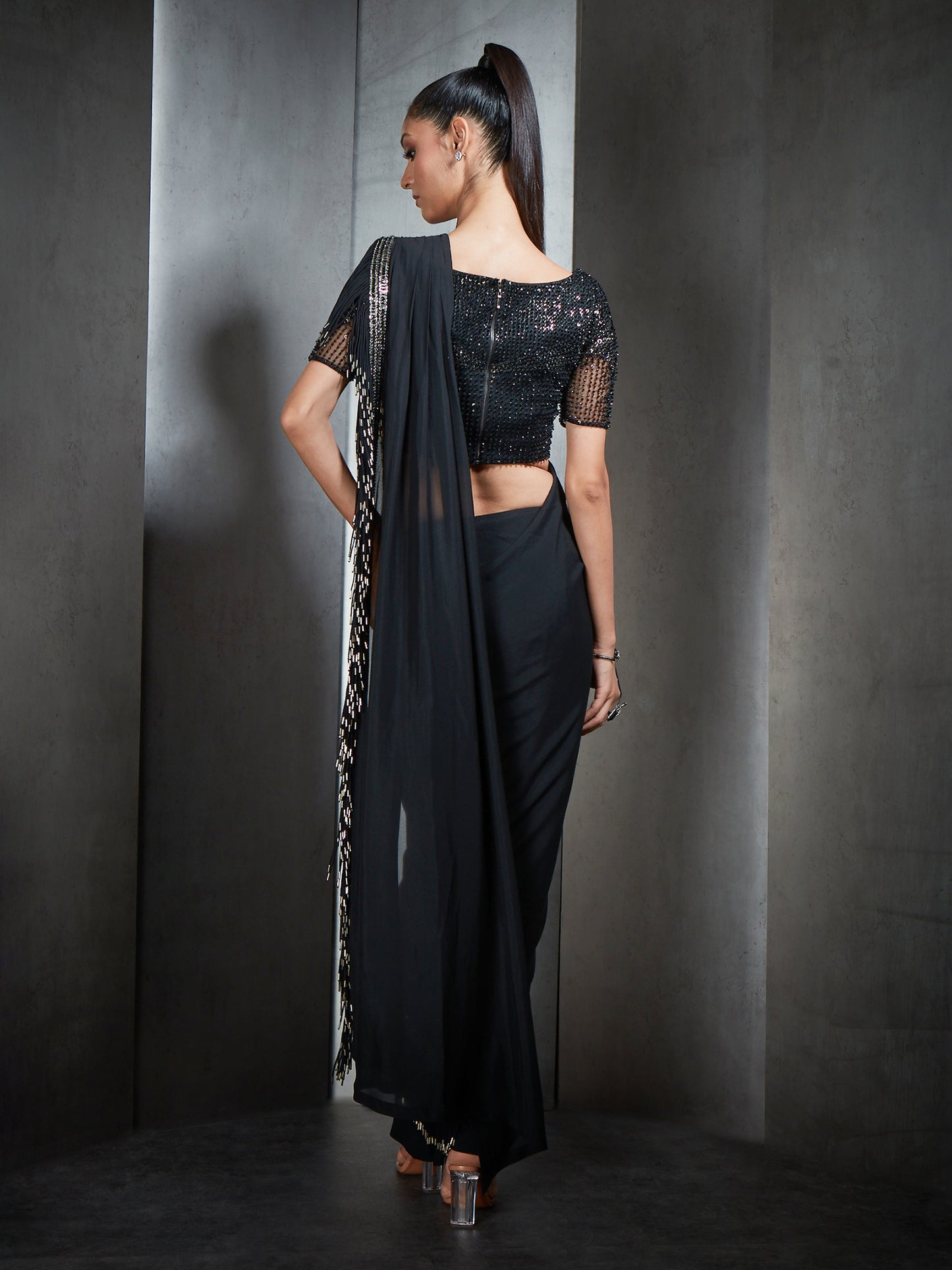 Black Tassel Saree With Metallic Embellishments