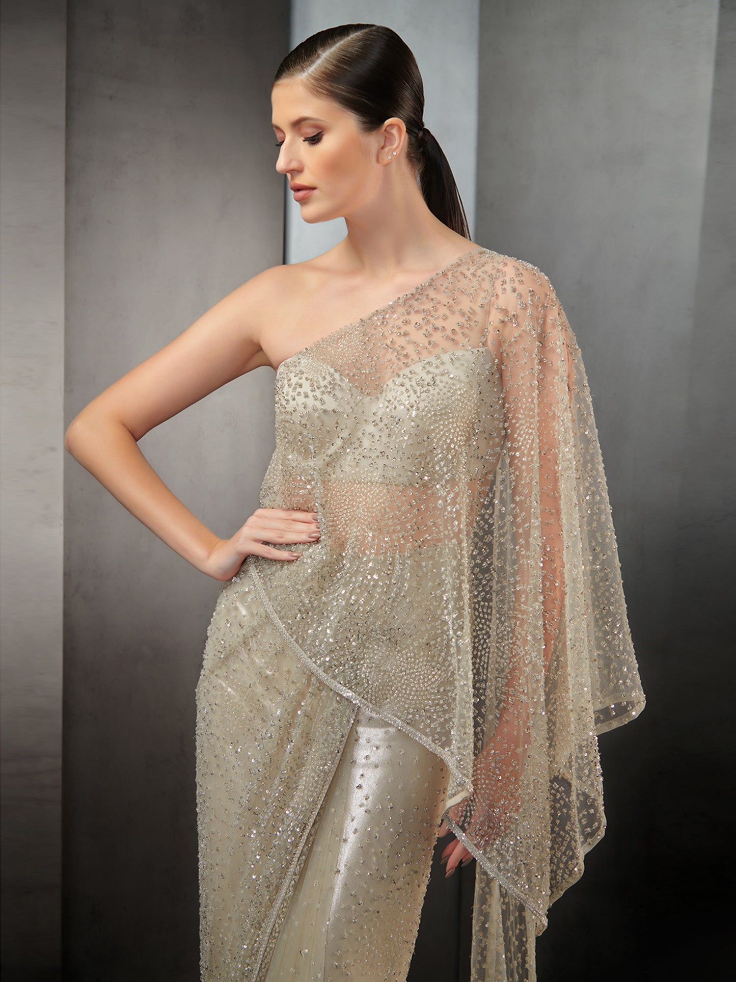 One Shoulder Saree Gown With Full Sequin Embroidery