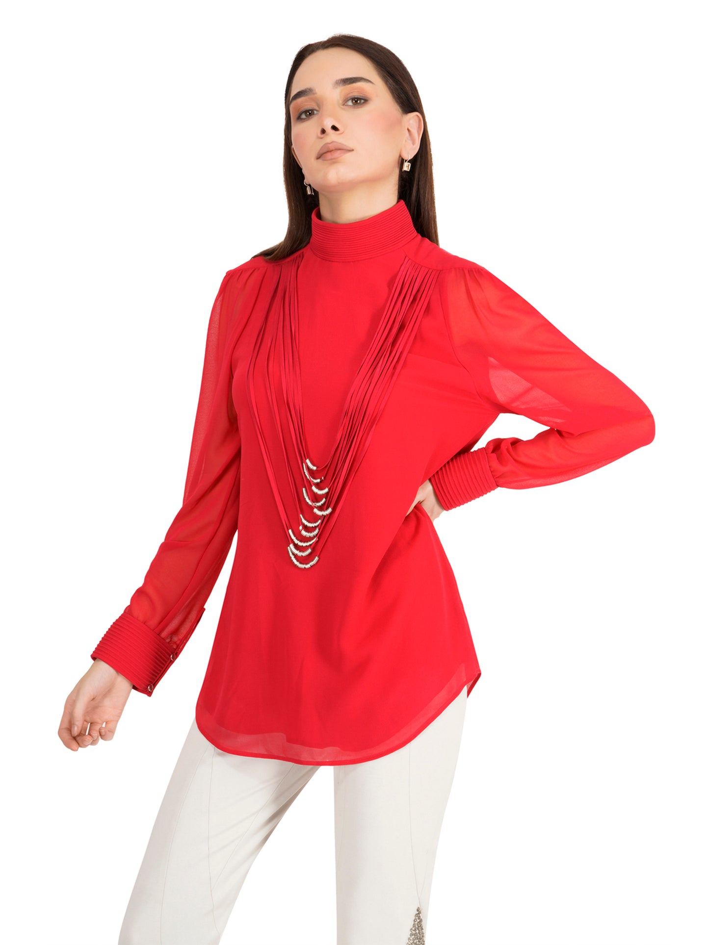Aster Pink Mock Neck Blouse With Necklace Detail
