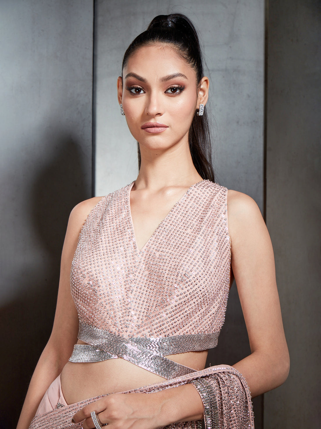 Pre Stich Sequin Crystal Beaded With Fringe Saree