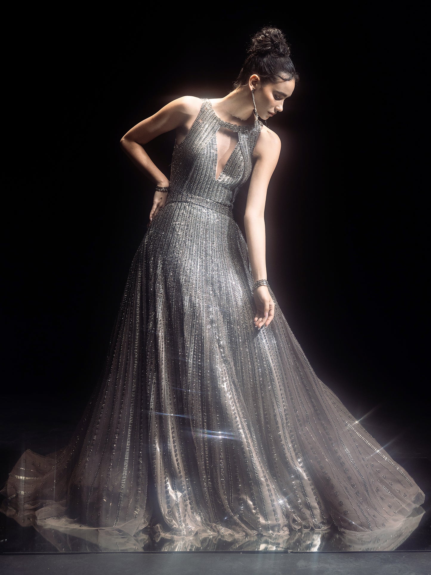 Fully Embellished crystals And Metallic Stripes Gown