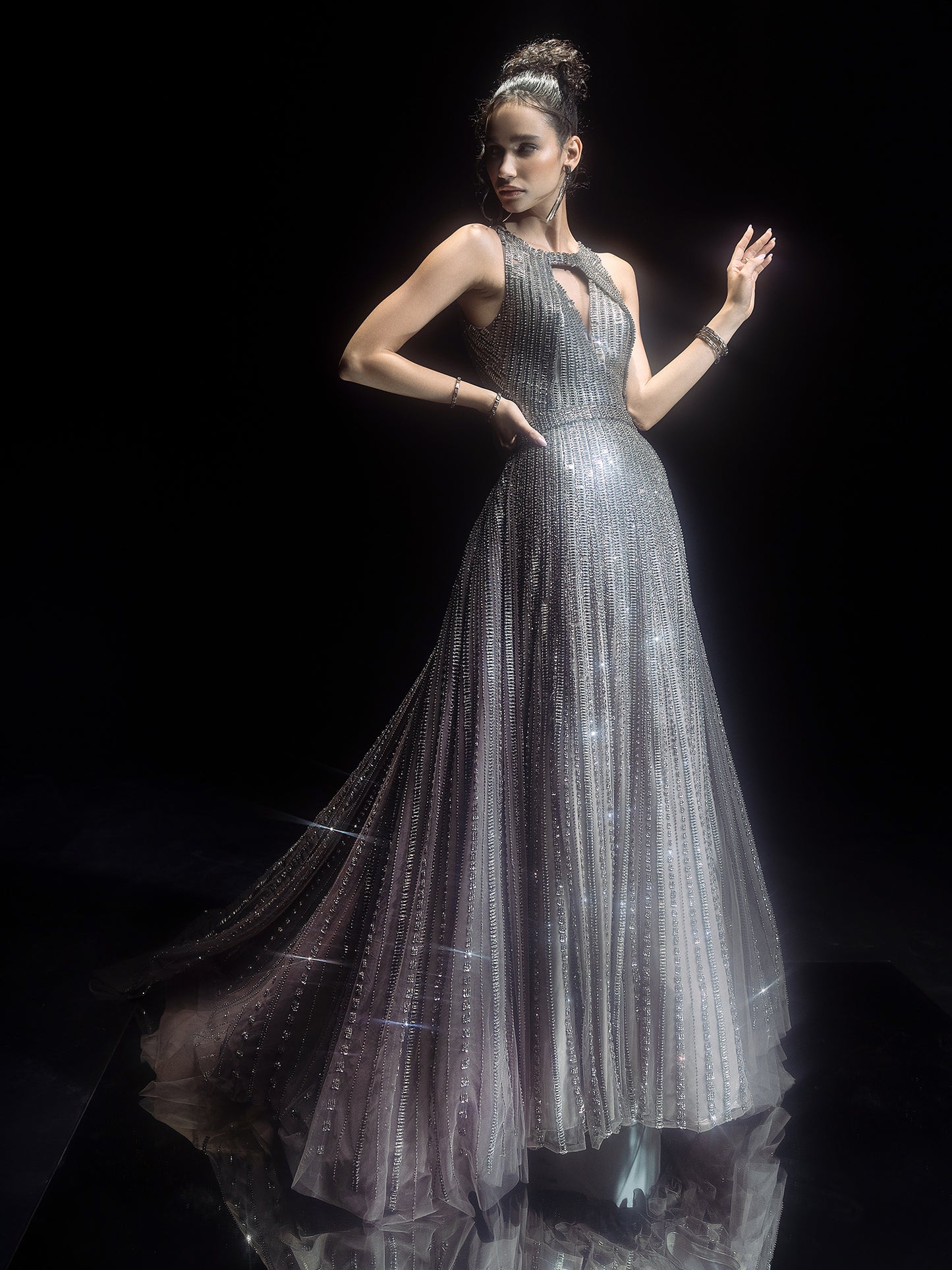 Fully Embellished crystals And Metallic Stripes Gown