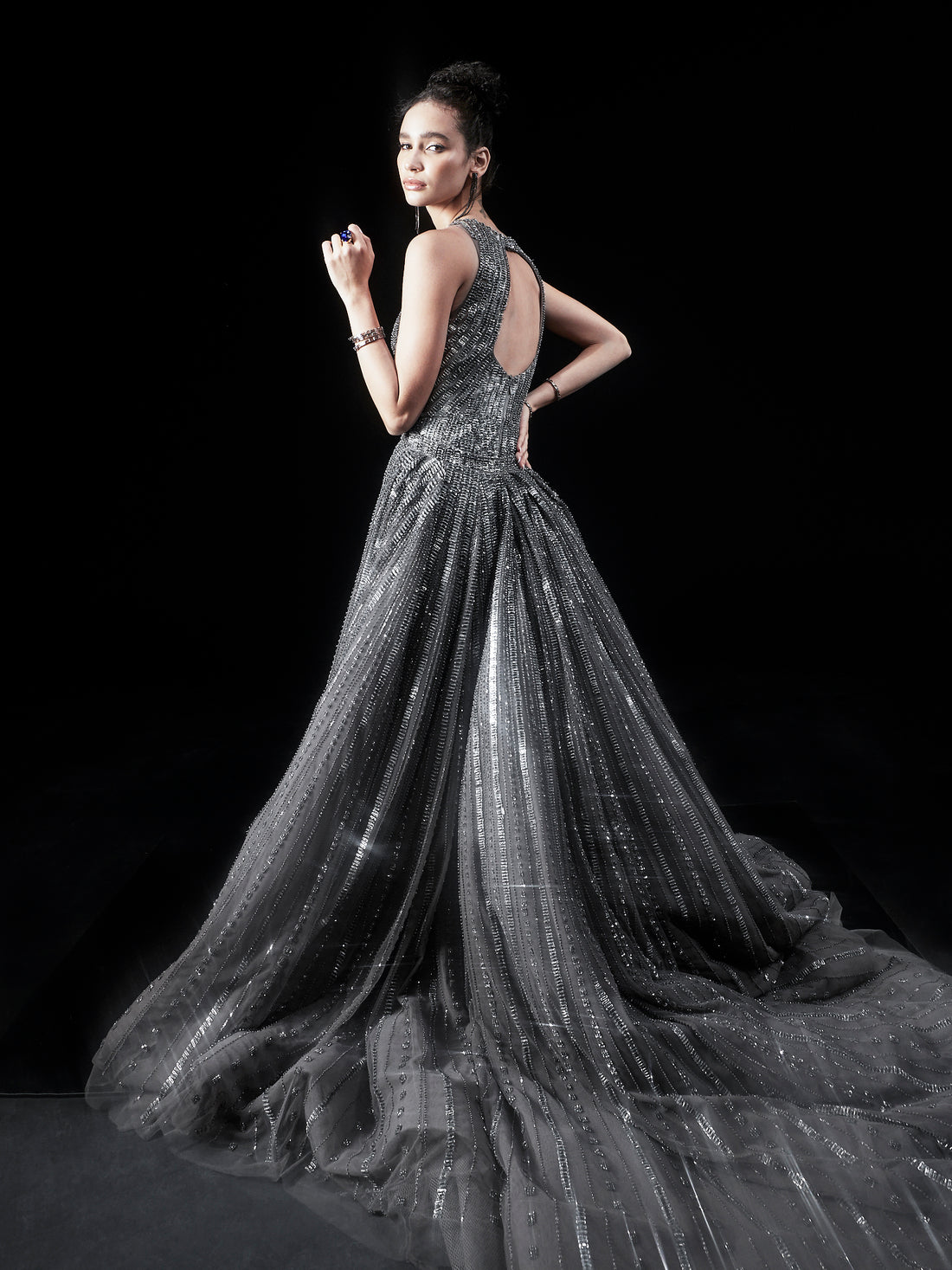Fully Embellished crystals And Metallic Stripes Gown