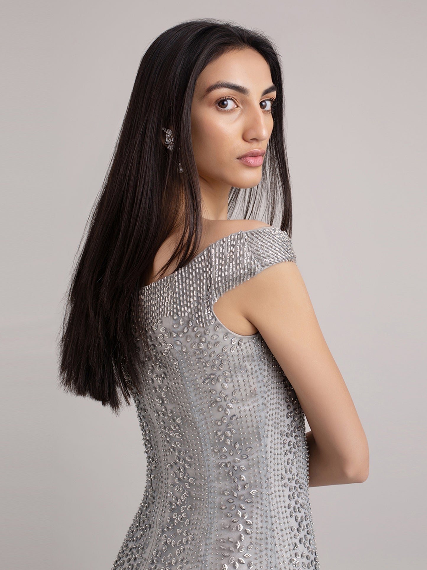 Silver Embroidered Off Shoulder Gown