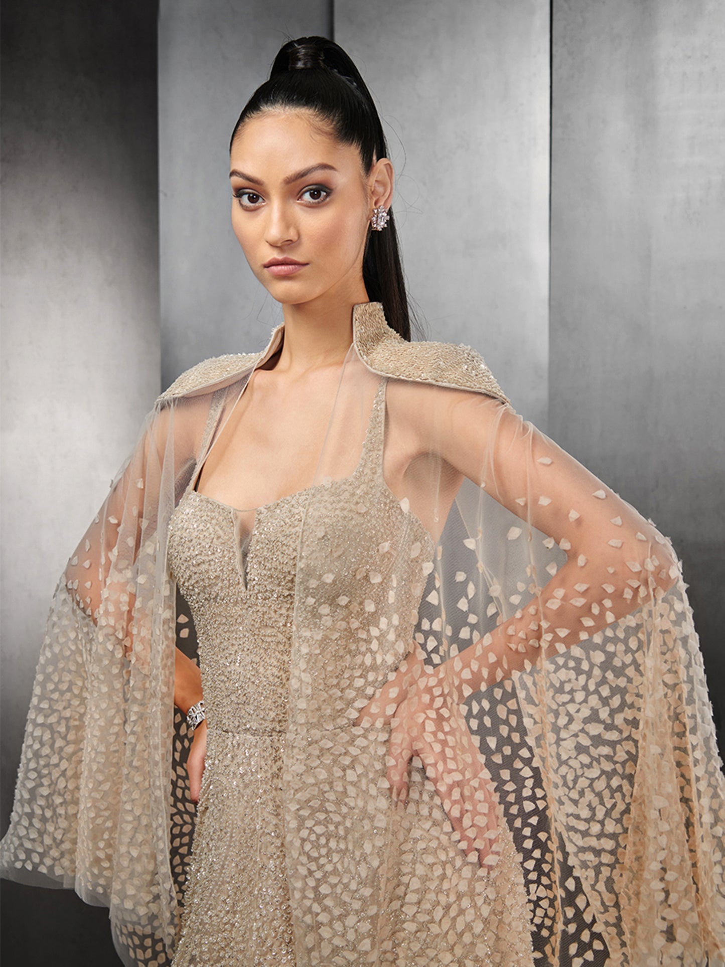 Ombre Embellished Gown With Cape