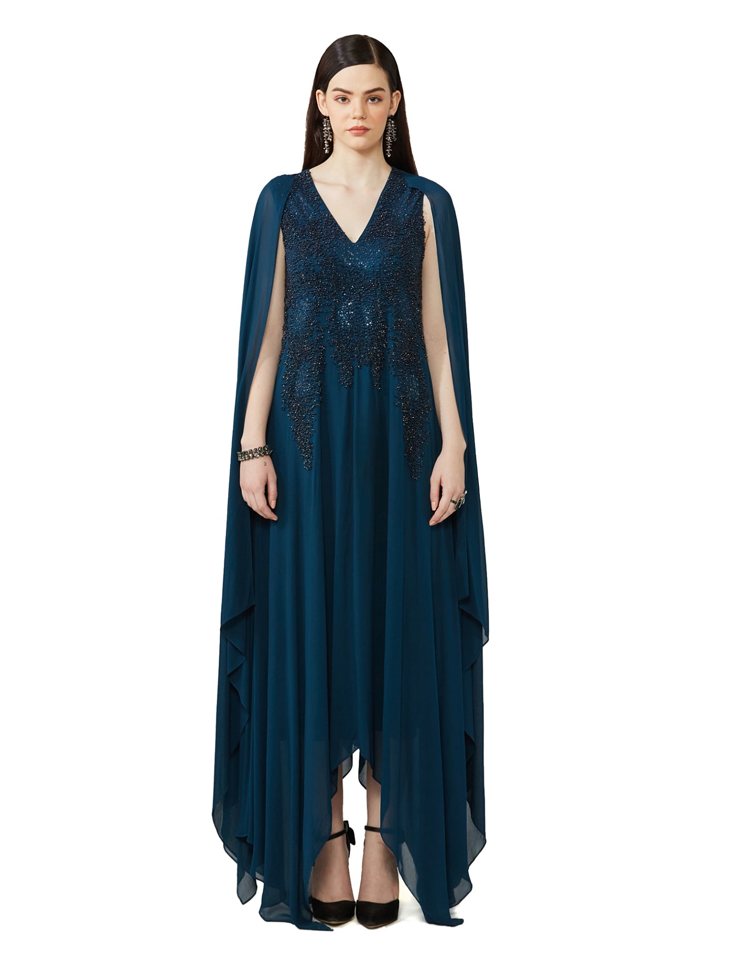 Asymmetric Embellished Dress With Flared Sleeve