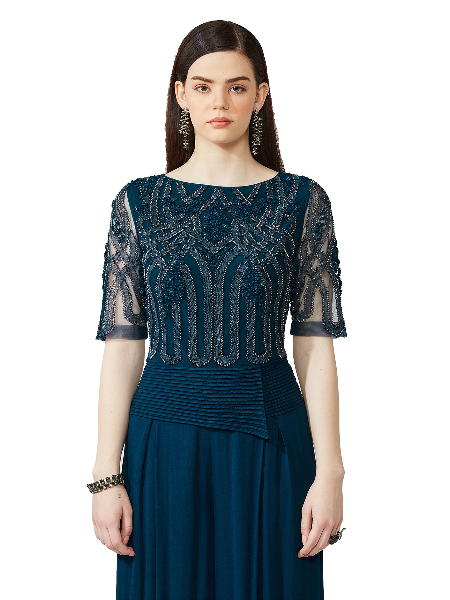 Galaxy Blue Embroidered Peplum Top With Skirt