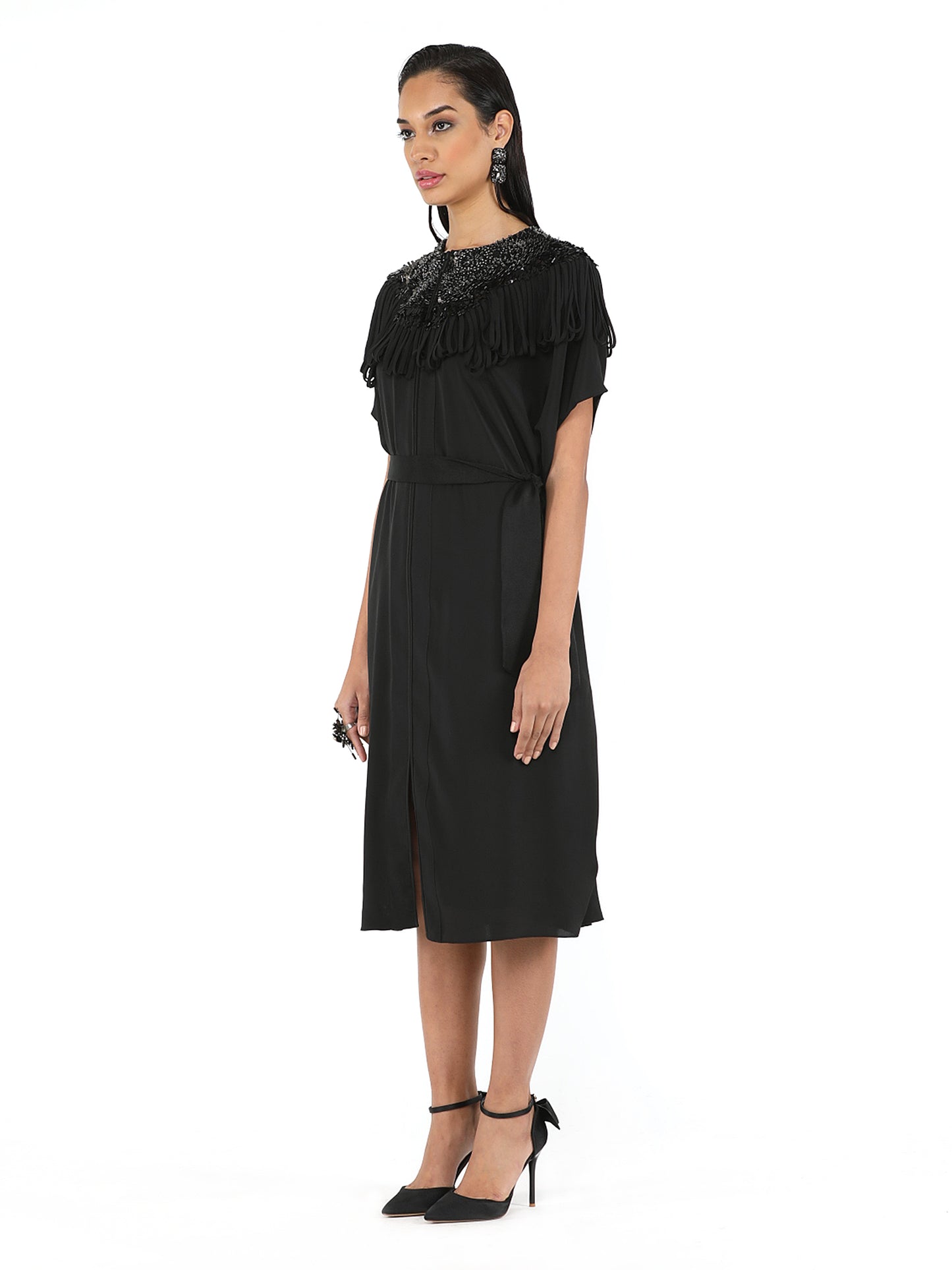 Black Folded Fringe Metallic Dress