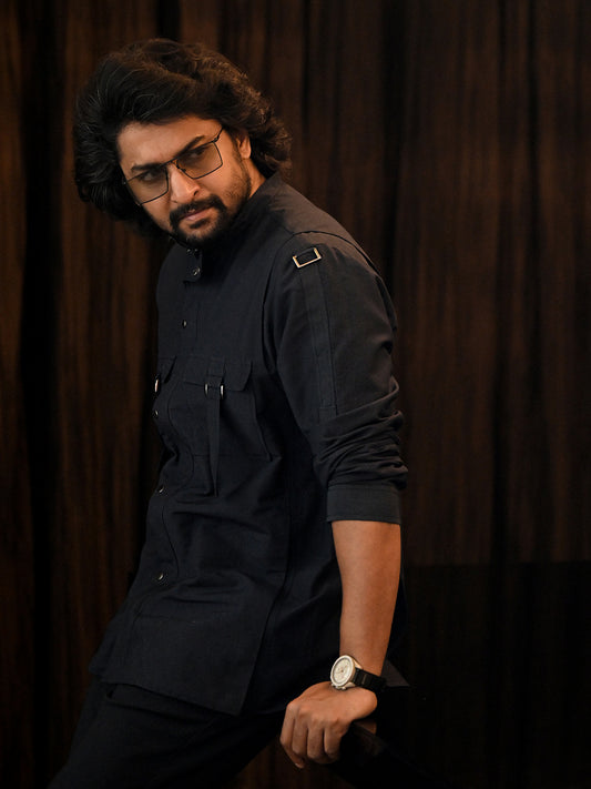 Black Double Pocket With Buckle Linen Shirt