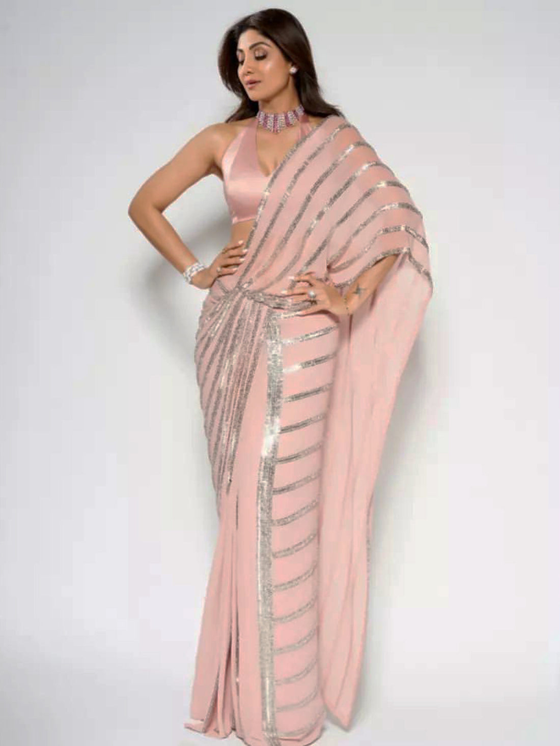 Shilpa Shetty • In Linear Metallic Bead Draped Saree