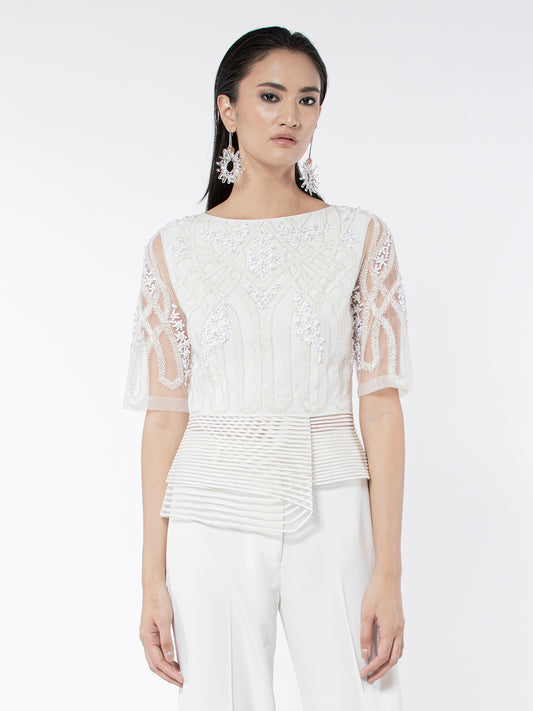 Off White Embroidered Peplum Top