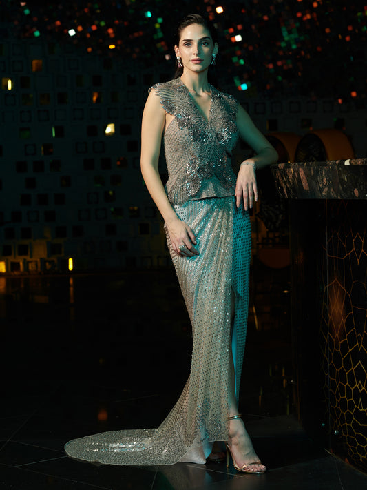 Flauta Embellished Jacket With Vihuela Draped Skirt