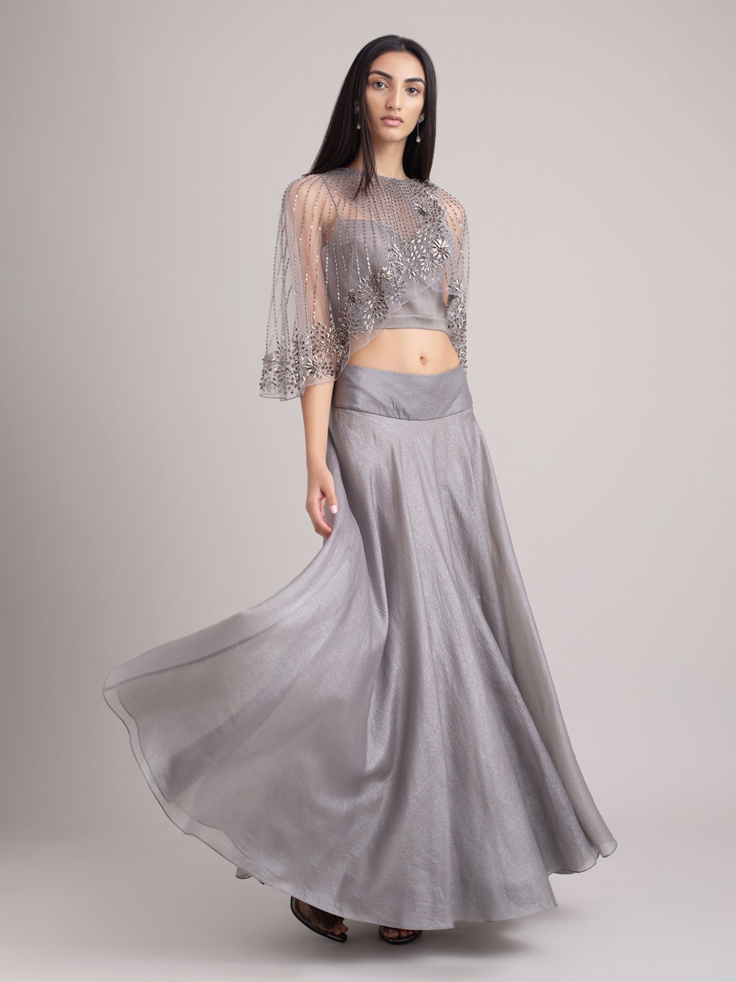 Metallic Embroidered Cape With Skirt Set