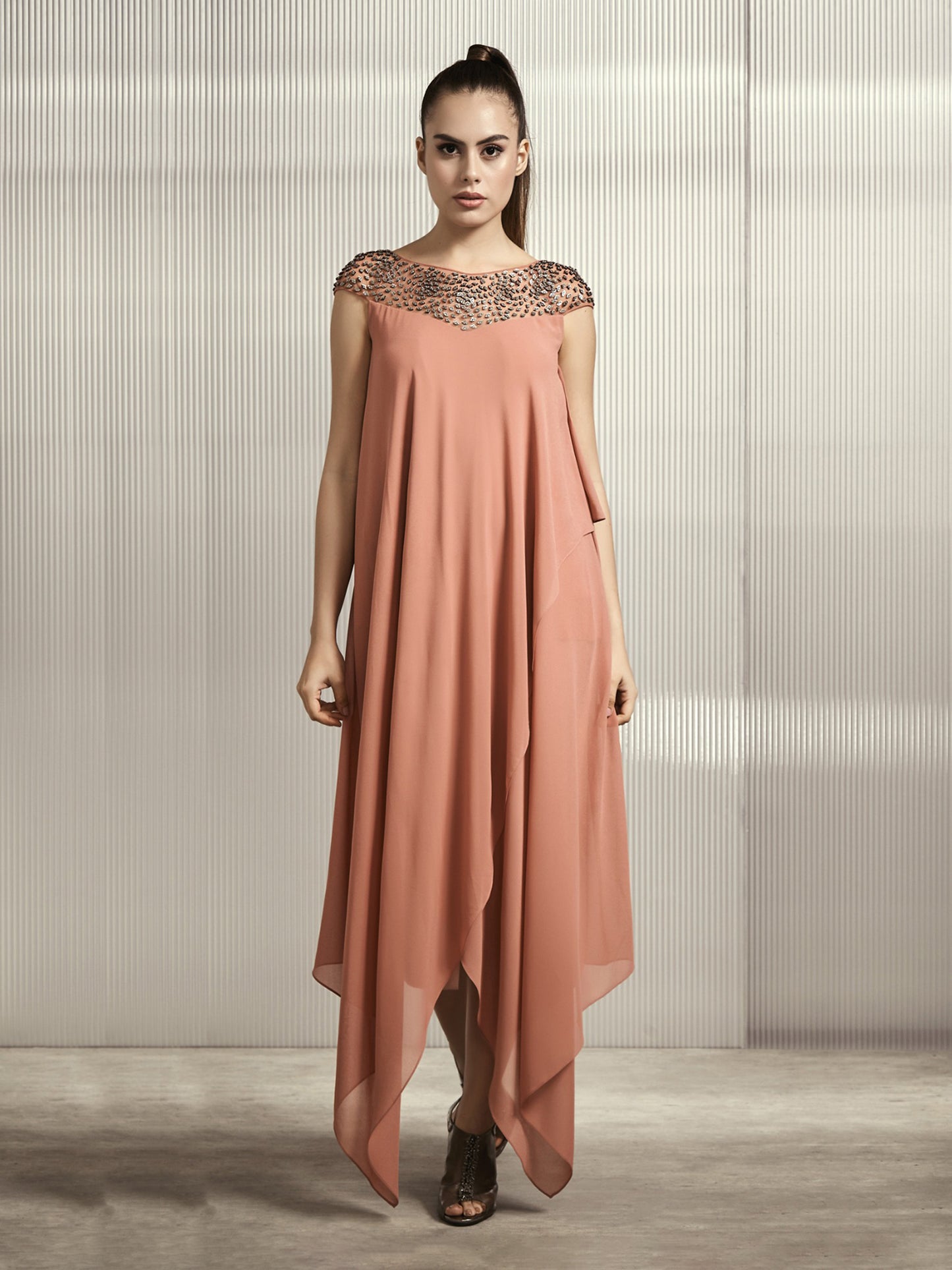 Assymmetric Floor Length Top With Stack Embroidered Yoke